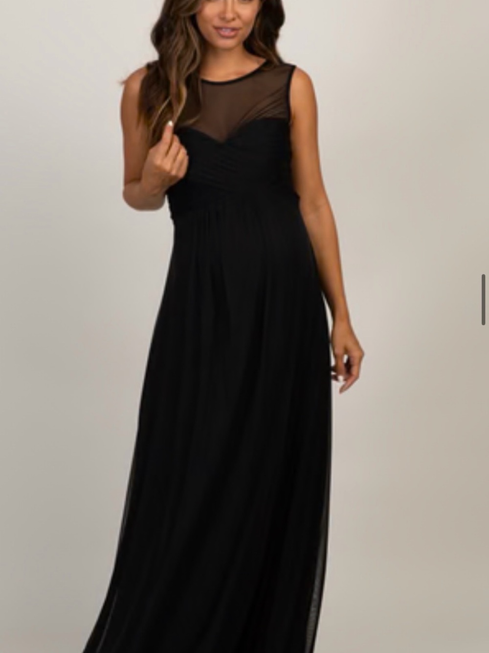 Maternity- Sleeveless Black Maxi Dress with Sheer  Yoke